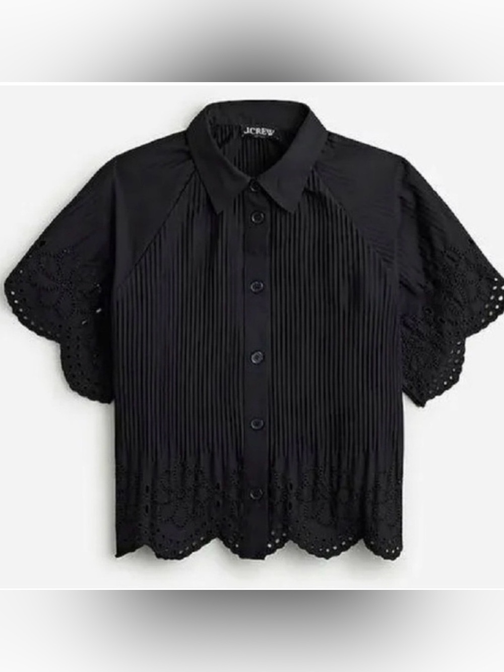 NWT J Crew Pleated eyelet-trim shirt in cotton poplin Black Small